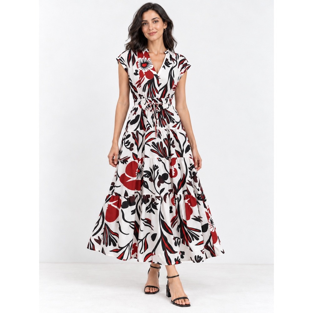 Nicole Miller Midi Dress XL Floral Tiered Smocked Waist V-Neck Cap Sleeve Pocket